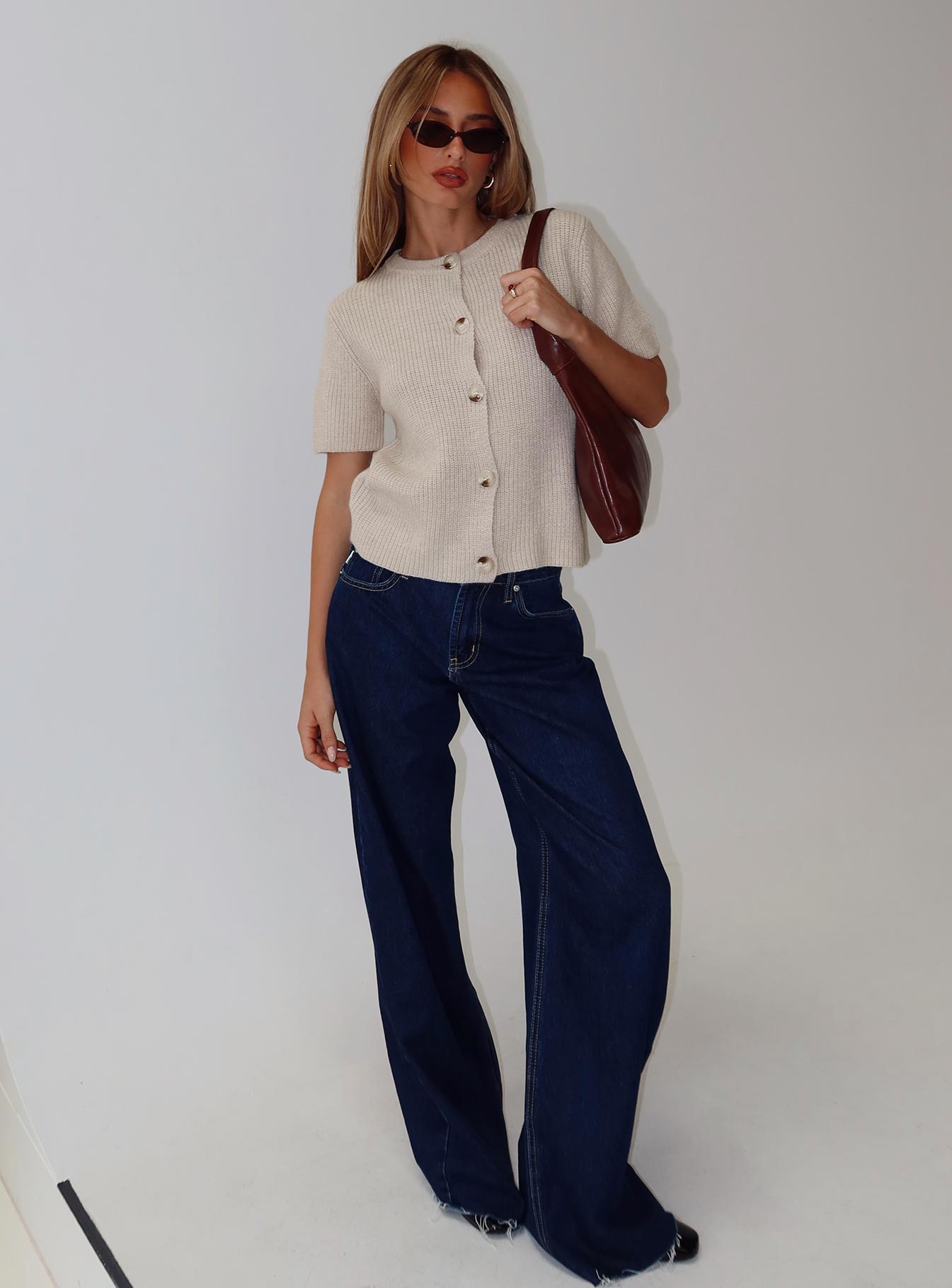 front view of model wearing Princess Polly Wait A Lifetime Short Sleeve Cardigan Beige Cropped 