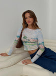 side view of model wearing Princess Polly Castle On The Hill Long Sleeve Top Multi Full Sleeves Scoop Neck 