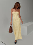 back view of model wearing Princess Polly Brydie Strapless Maxi Dress Yellow Floral Straight Neck 