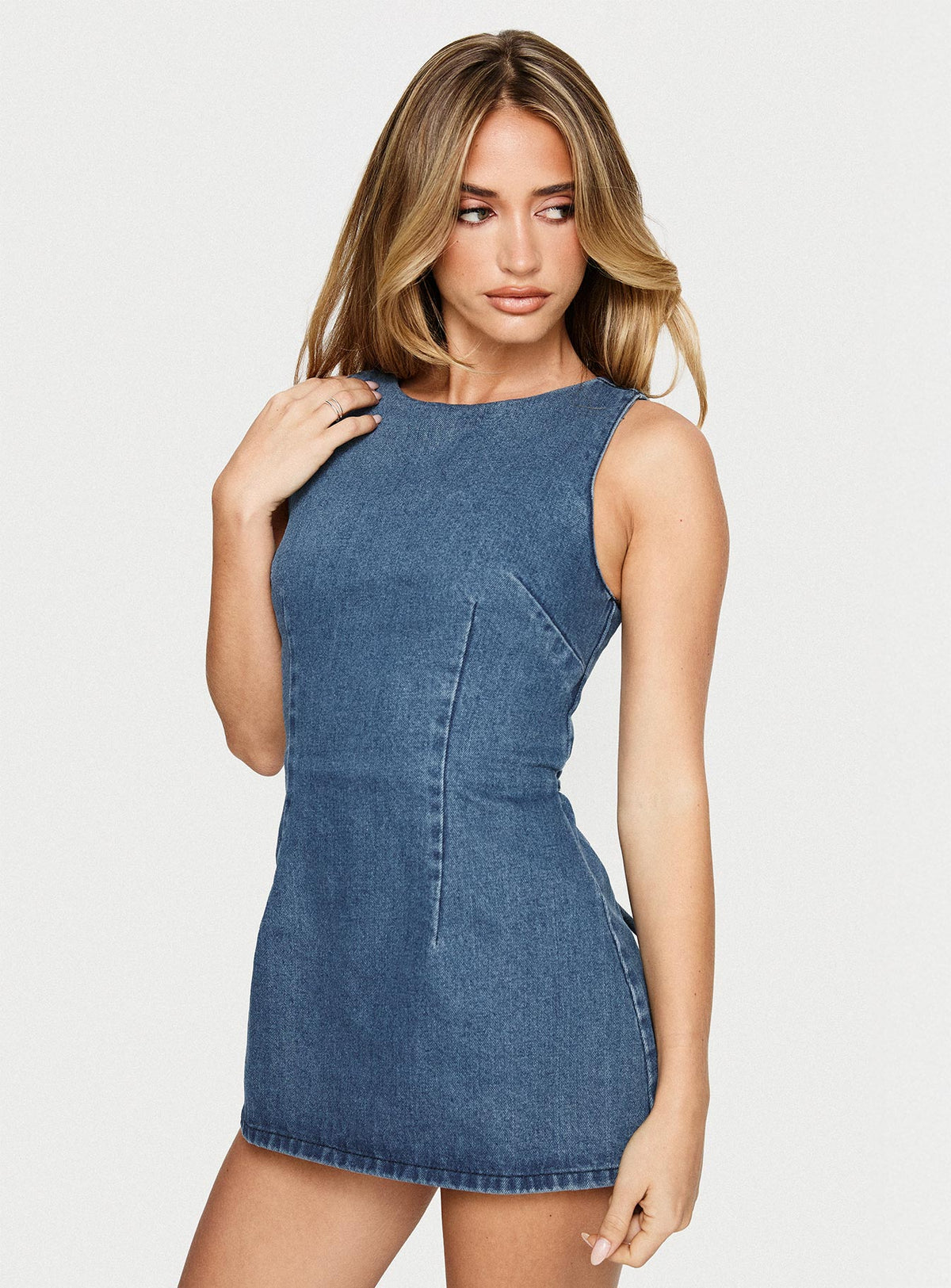 Ainsleigh Shift Denim Romper Mid Blue Wash Petite