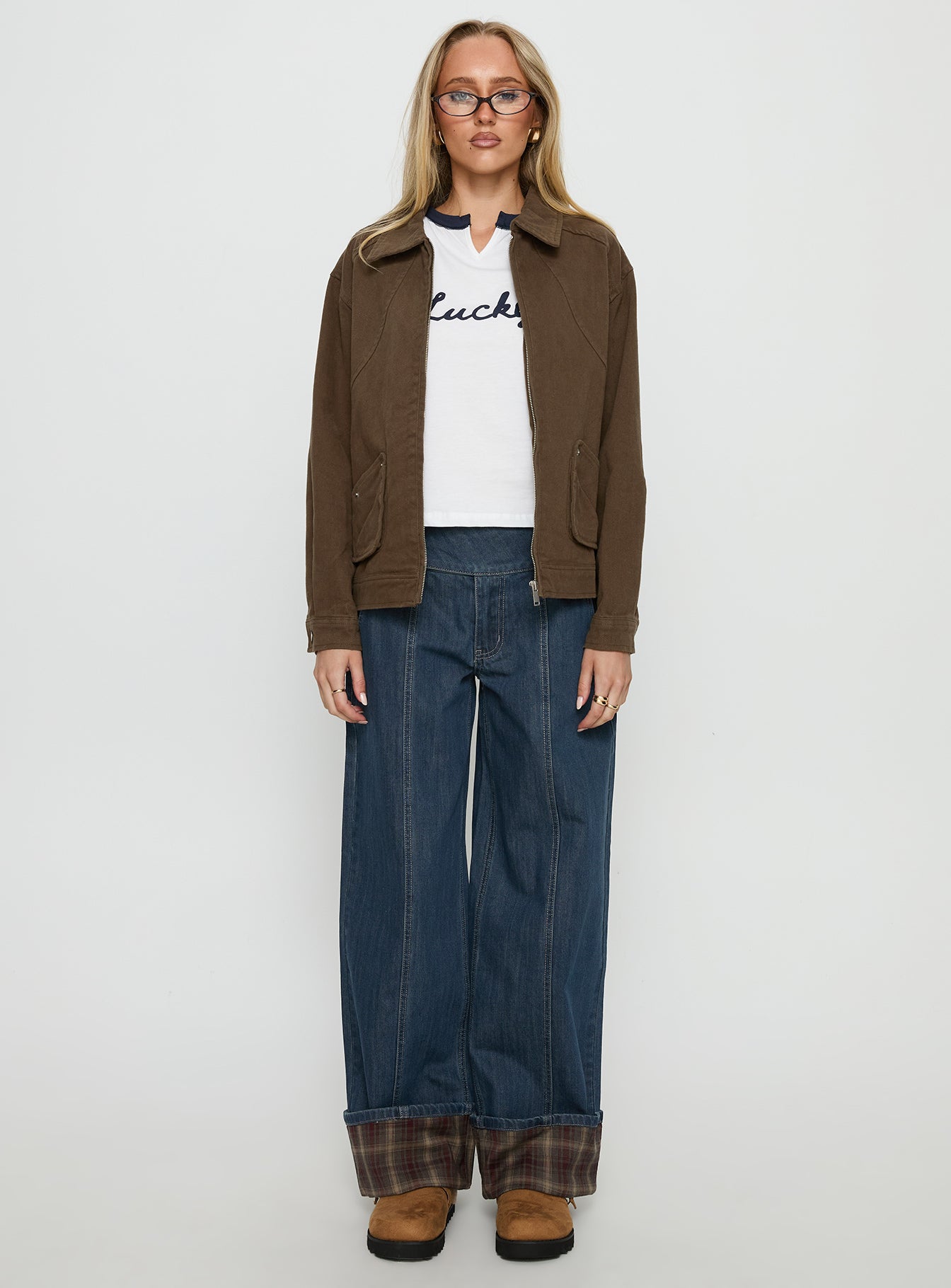 front view of model wearing Princess Polly Nikoletta Foldover Jeans Dark Wash / Check Mid Rise Jeans 