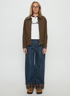 front view of model wearing Princess Polly Nikoletta Foldover Jeans Dark Wash / Check Mid Rise Jeans 