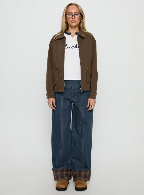 front view of model wearing Princess Polly Nikoletta Foldover Jeans Dark Wash / Check Mid Rise Jeans 