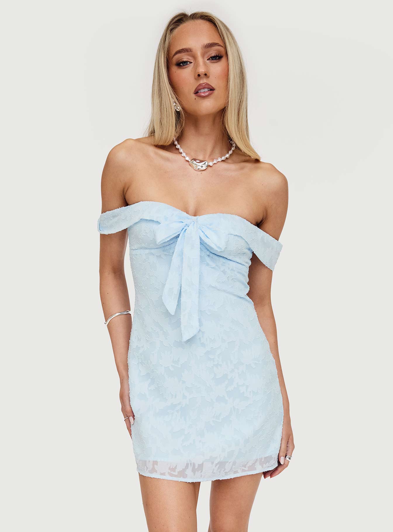 Christiana Off Shoulder Mini Dress | Light blue burnout | Womens | Princess Polly Christiana Off Shoulder Mini Dress | Light blue burnout | Womens | Princess Polly
