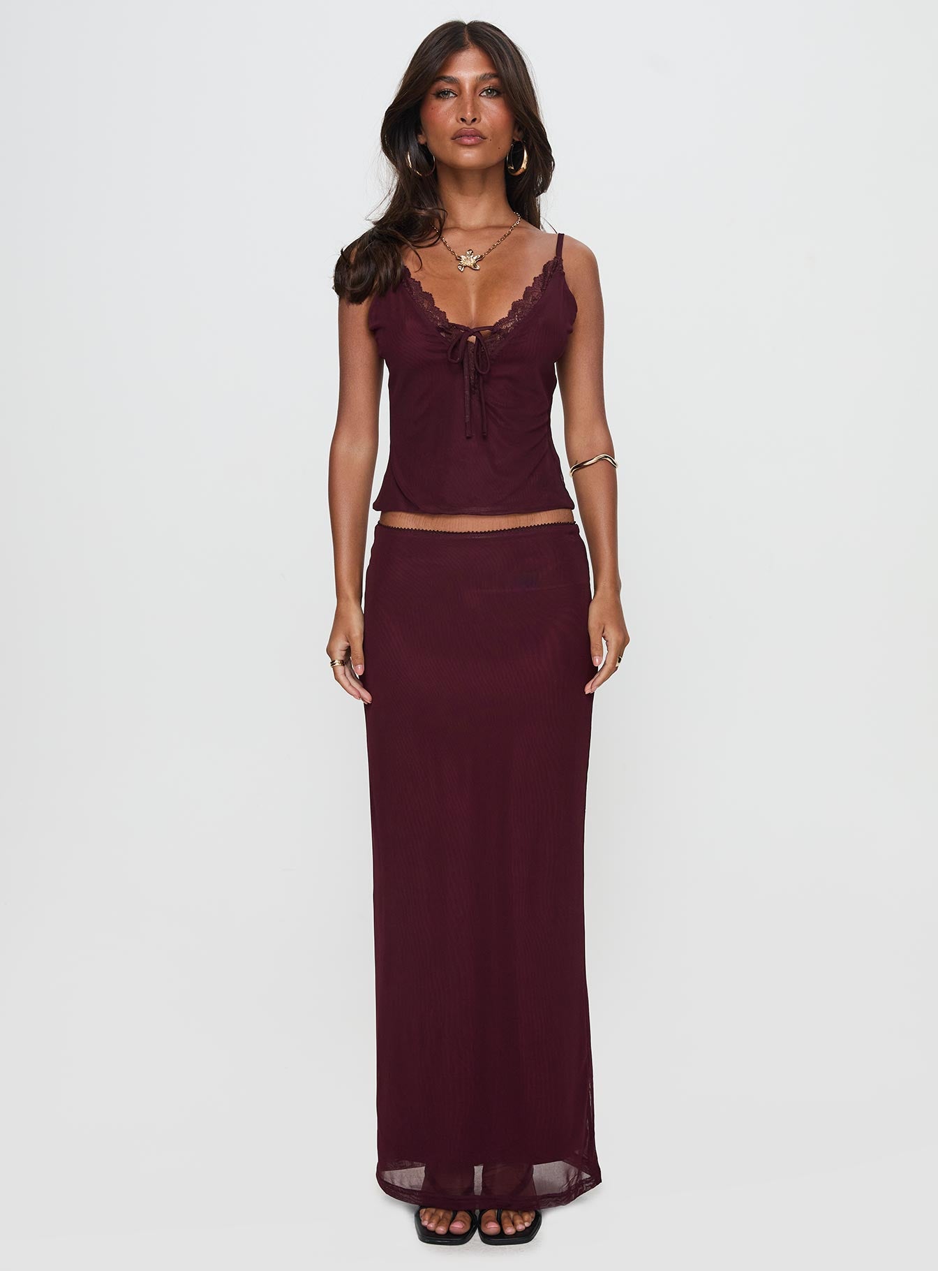 Reiko Lace Trim Tie Front Maxi Set Burgundy | Princess Polly Reiko Lace Trim Tie Front Maxi Set Burgundy | Princess Polly