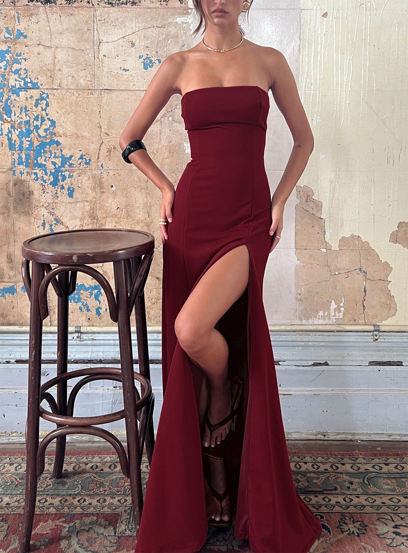 Diamanti Strapless High Slit Maxi Dress Burgundy | Princess Polly
