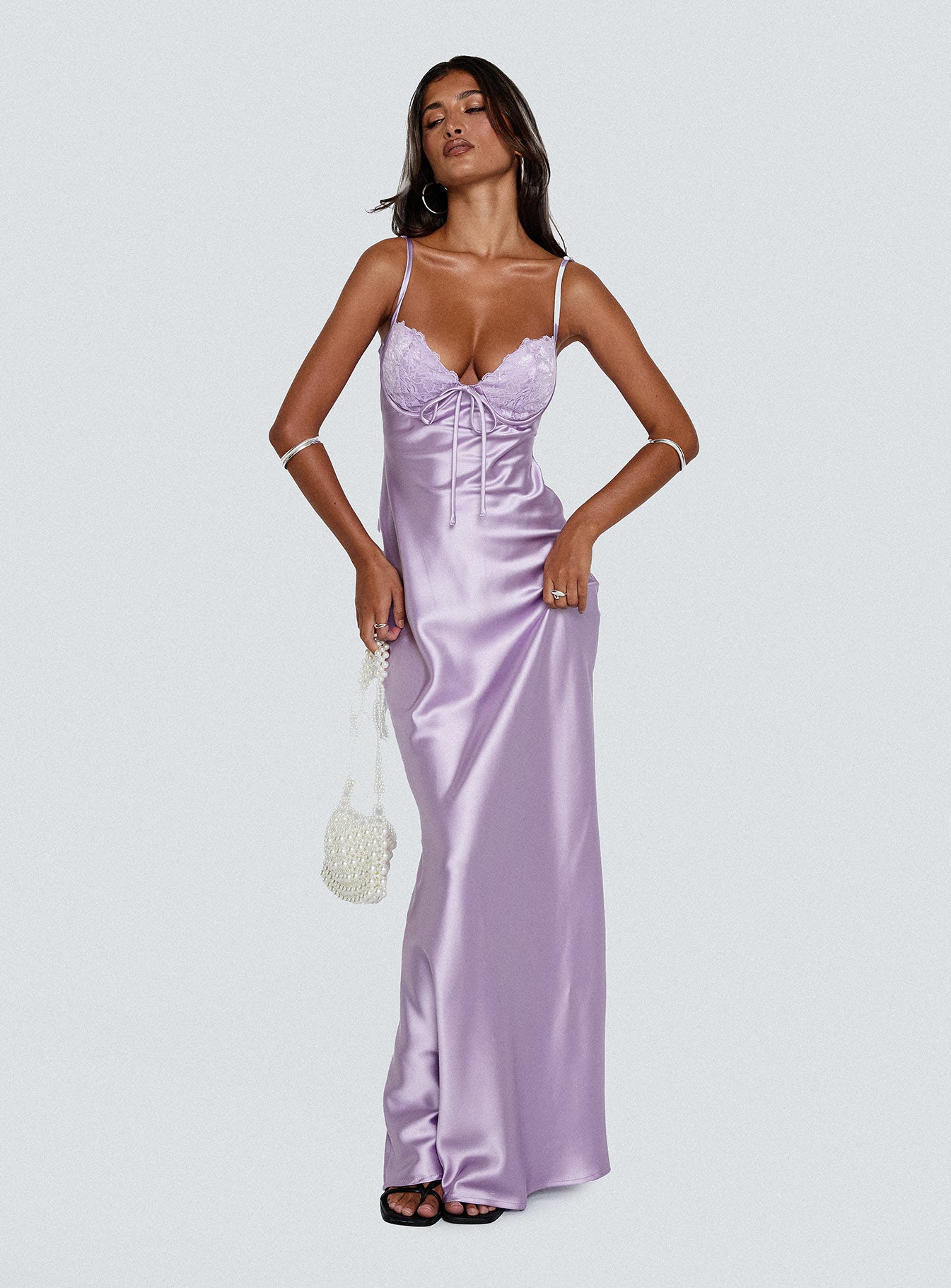 front view of model wearing Princess Polly Fadyen Bias Cut Maxi Dress Lilac Sweetheart Neckline 