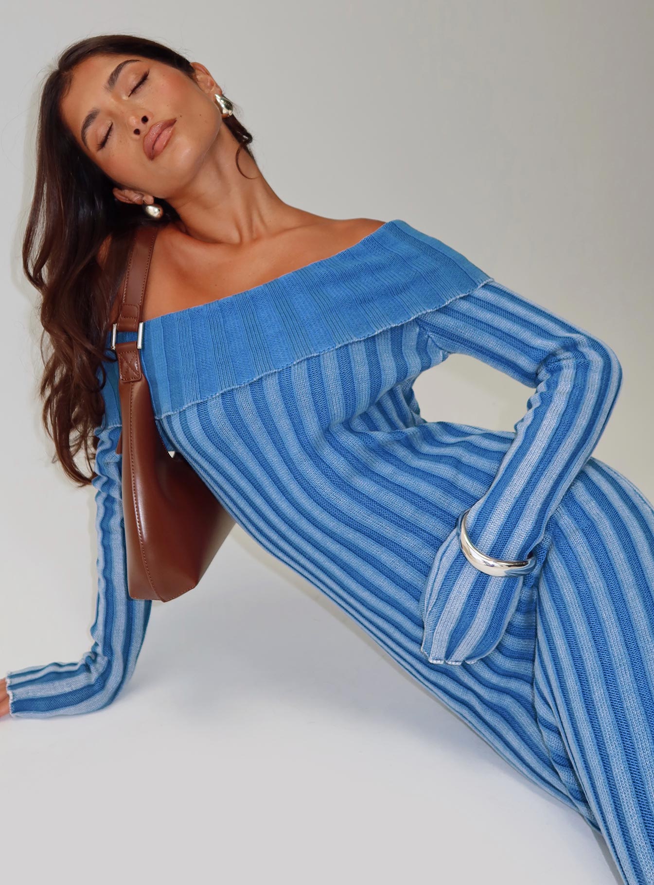 back view of model wearing Princess Polly Mariska Long Sleeve Rib Maxi Dress Blue Straight Neck 