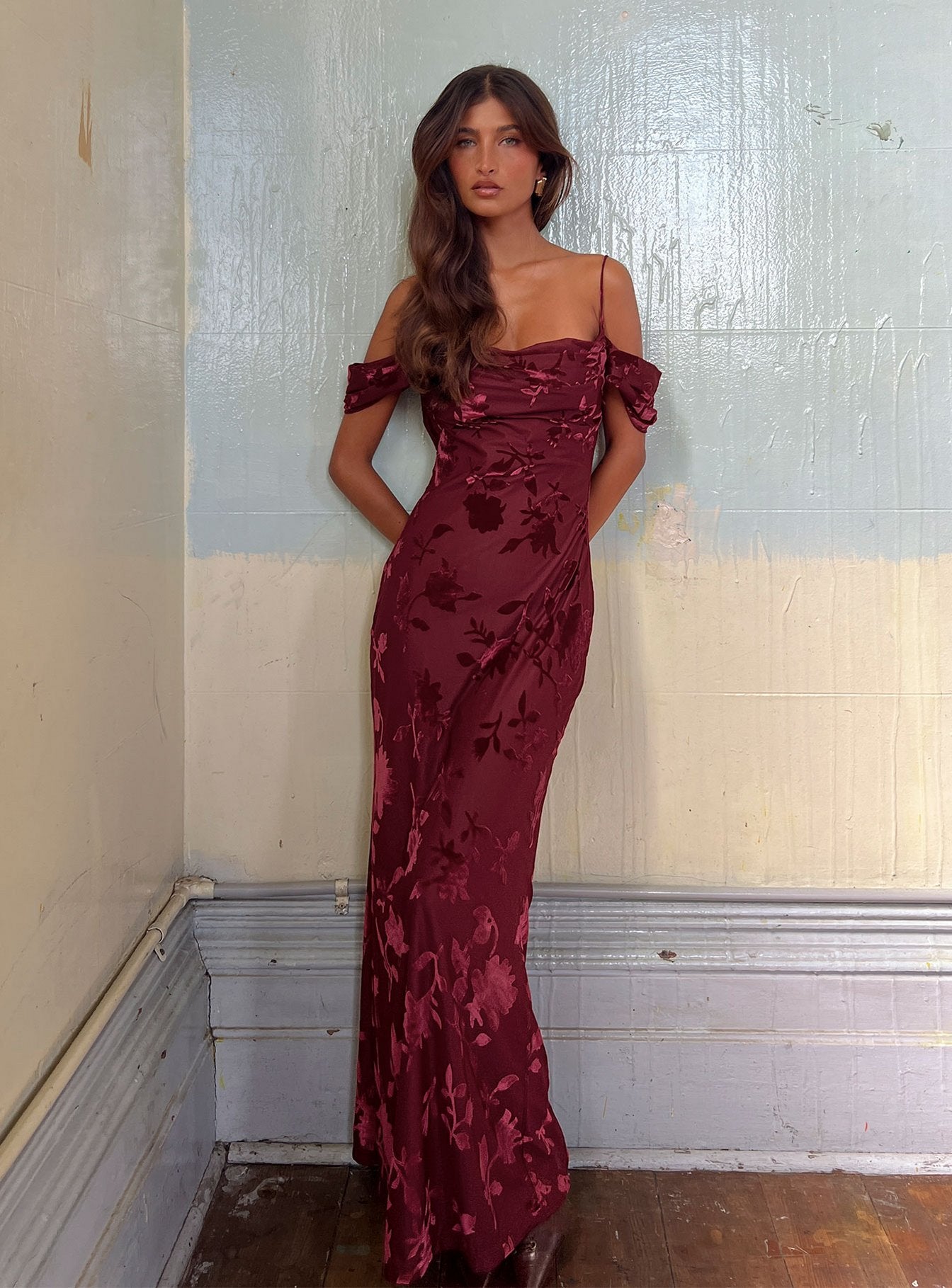 Green Gables Burnout Maxi Dress Burgundy