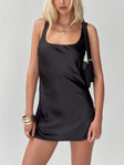 front view of model wearing Princess Polly 90s Baby Satin Mini Dress Black Square Neck 