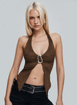 front view of model wearing Princess Polly Moderna Halter Lace Top Brown Sleeveless Plunger 