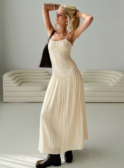 back view of model wearing Princess Polly Quinley Shirred Maxi Dress Cream Scoop Neck 