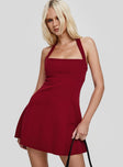 front view of model wearing Princess Polly Alyn Halter Mini Dress Wine Red Square Neck 