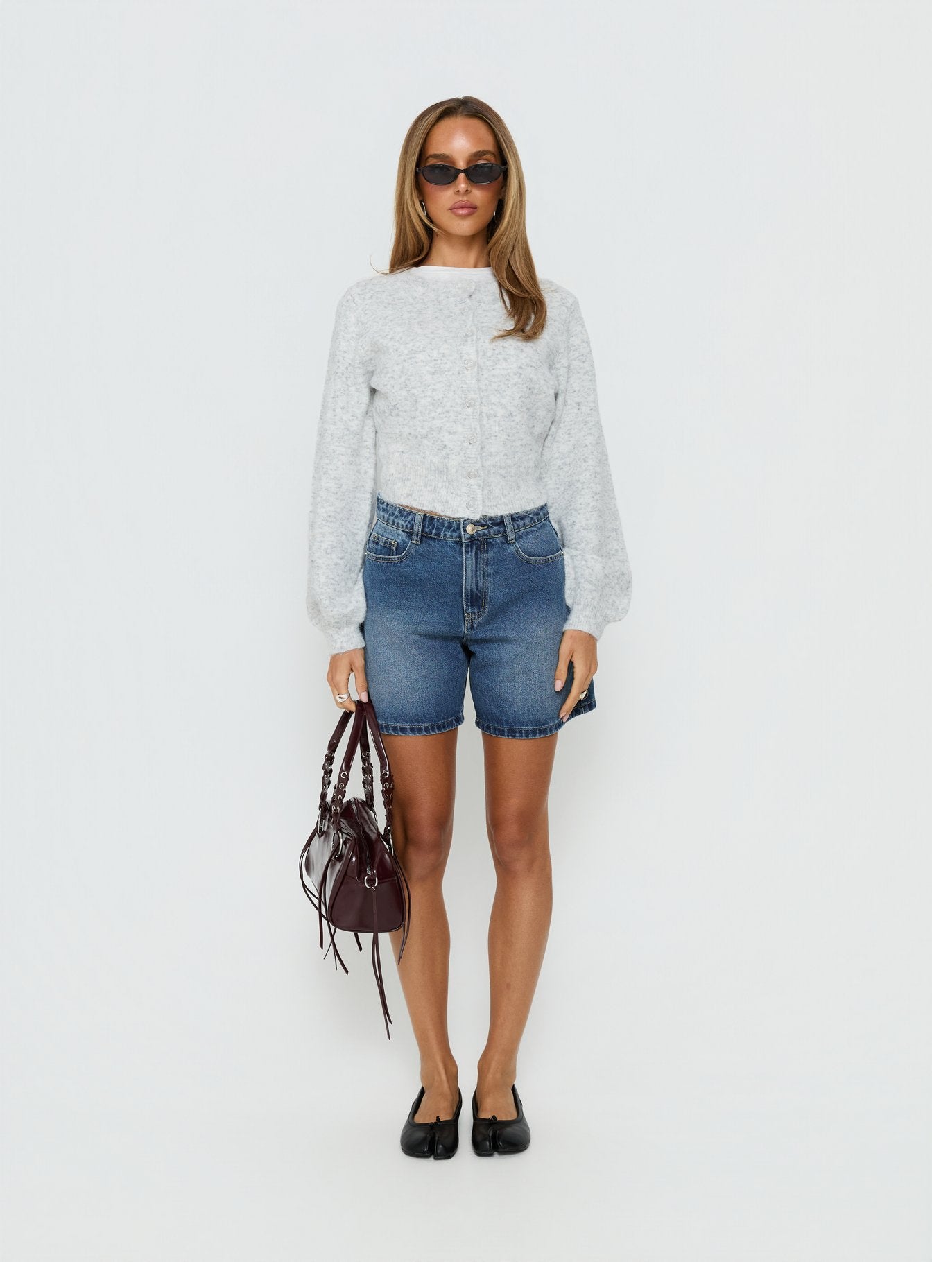 Torri Longline Denim Shorts Mid Blue Wash