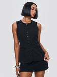 front view of model wearing Princess Polly Islington Top Black Sleeveless Crew Neck 