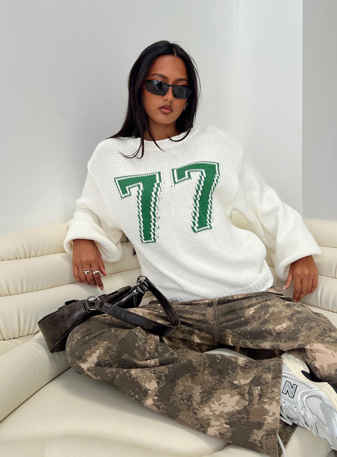 front view of model wearing Princess Polly Summer 77 Knit Sweater White / Green 