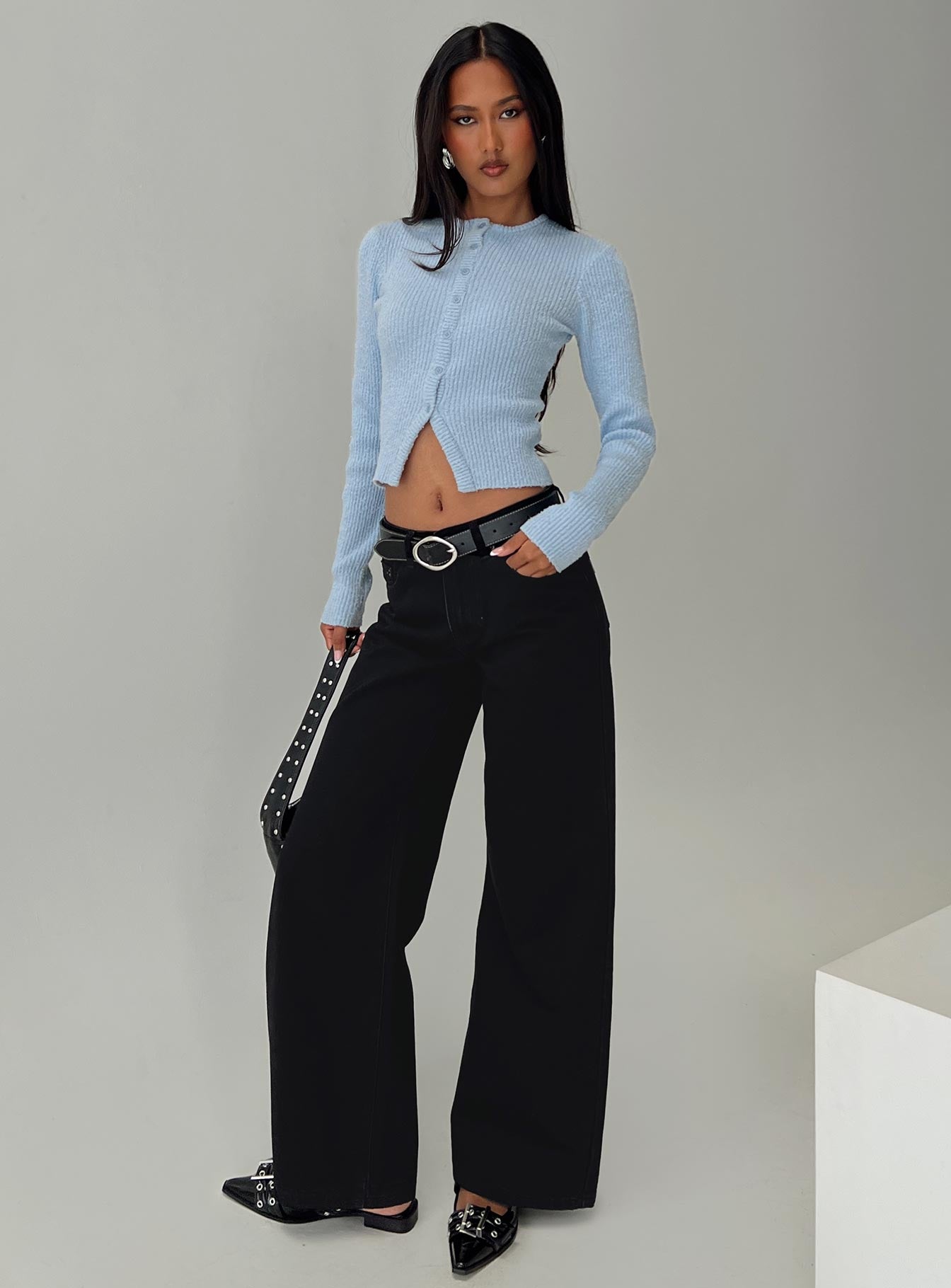 back view of model wearing Princess Polly Suzu Long Sleeve Top Blue Full Sleeves Crew Neck 