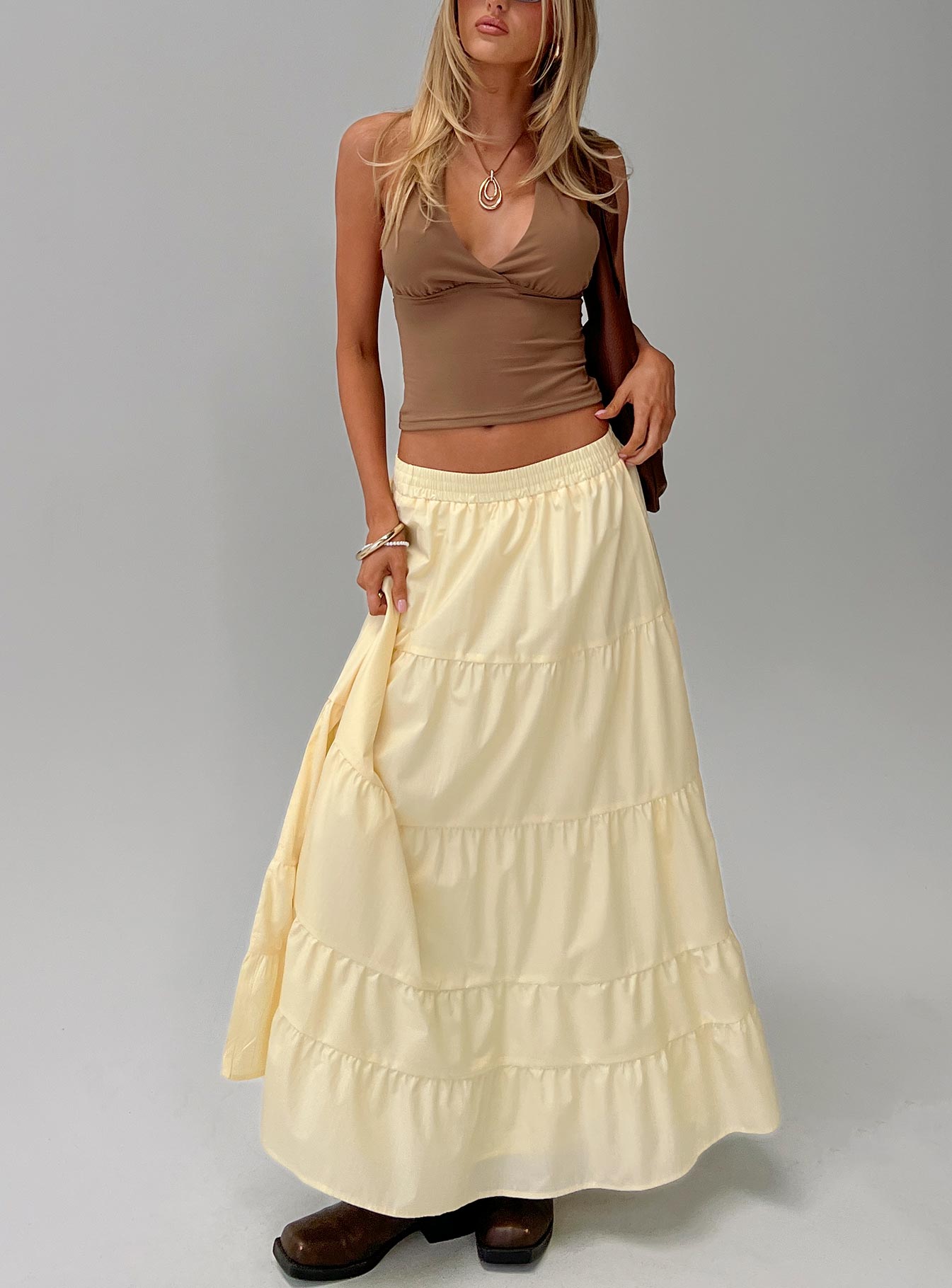   front view of model wearing Princess Polly Garden Party Maxi Skirt Lemon Maxi 