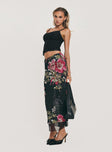 back view of model wearing Princess Polly Paganio Maxi Skirt Black Floral Maxi 