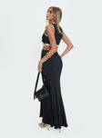 back view of model wearing Princess Polly Keila Lace Trim Maxi Dress Black / Cream V-Neck 