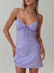 front view of model wearing Princess Polly Emily Mini Dress Lilac V-Neck 