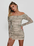 front view of model wearing Princess Polly Artefact Off The Shoulder Mini Dress Multi Straight Neck 