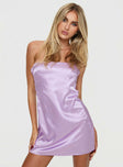 front view of model wearing Princess Polly Shaya Strapless Mini Dress Lilac Straight Neck 