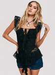 front view of model wearing Princess Polly Francia Frill Top Black Short Sleeves Square Neck 