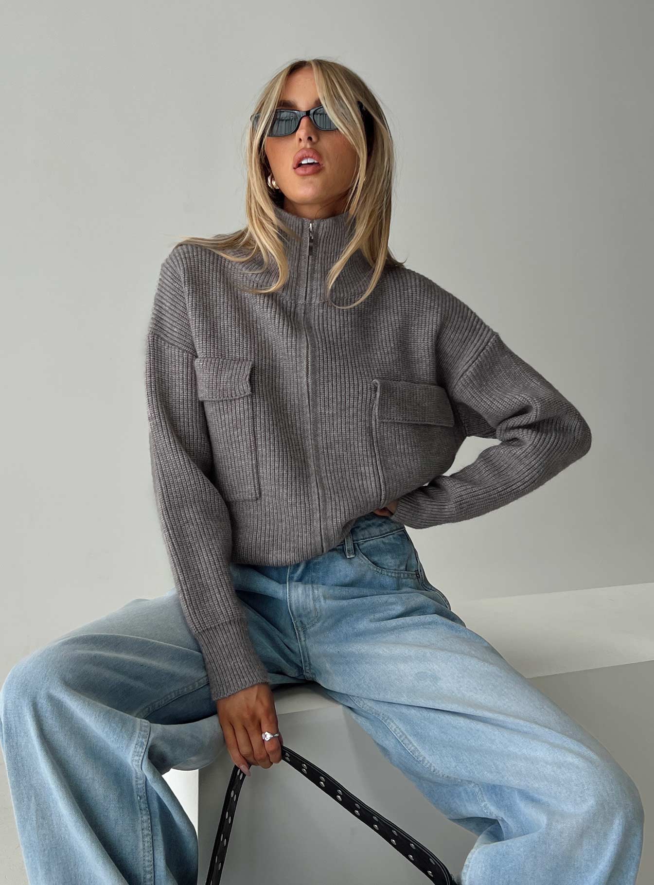side view of model wearing Princess Polly Too Busy Zip Up Sweater Grey Cropped 