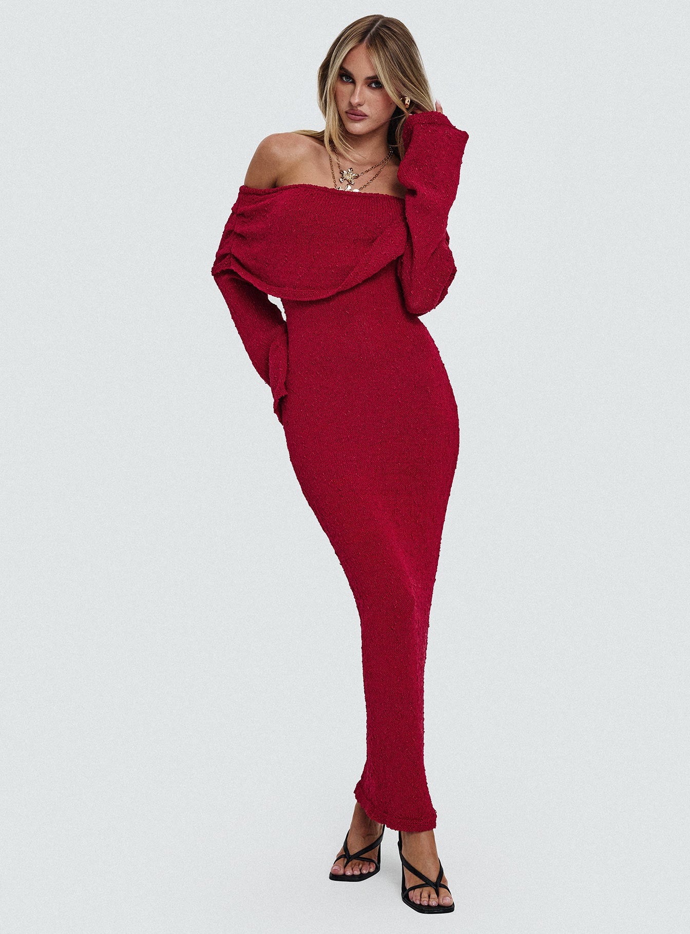 front view of model wearing Princess Polly Aleyah Long Sleeve Maxi Dress Burgundy Straight Neck 
