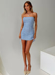 front view of model wearing Princess Polly Tomika Strapless Mini Dress Blue Straight Neck 