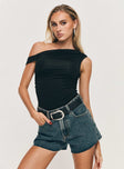 front view of model wearing Princess Polly Get It Right Mid Rise Denim Shorts Dark Denim Wash mid-rise 