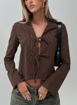 front view of model wearing Princess Polly Rozetti Long Sleeve Top Brown Stripe Full Sleeves V-Neck 