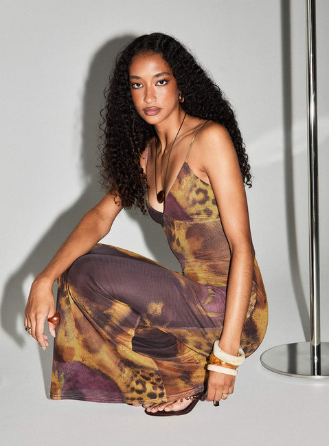 Saphrona V Neck Maxi Dress Leopard Blur