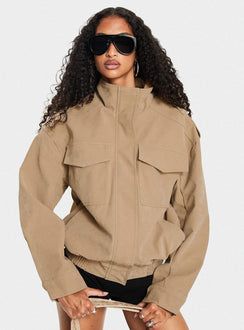 Double Life Funnel Neck Cargo Jacket Beige Petite