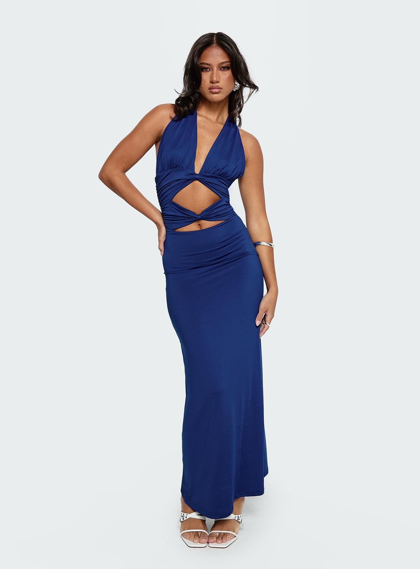 front view of model wearing Princess Polly Labour Of Love Halter Maxi Dress Cobalt Plunger 