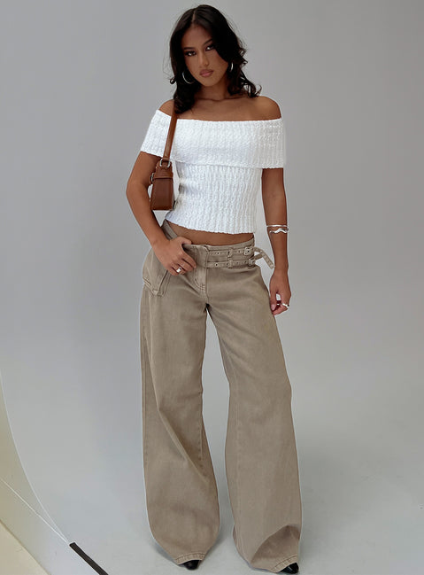 side view of model wearing Princess Polly Murmur Off Shoulder Top White Short Sleeves straight 