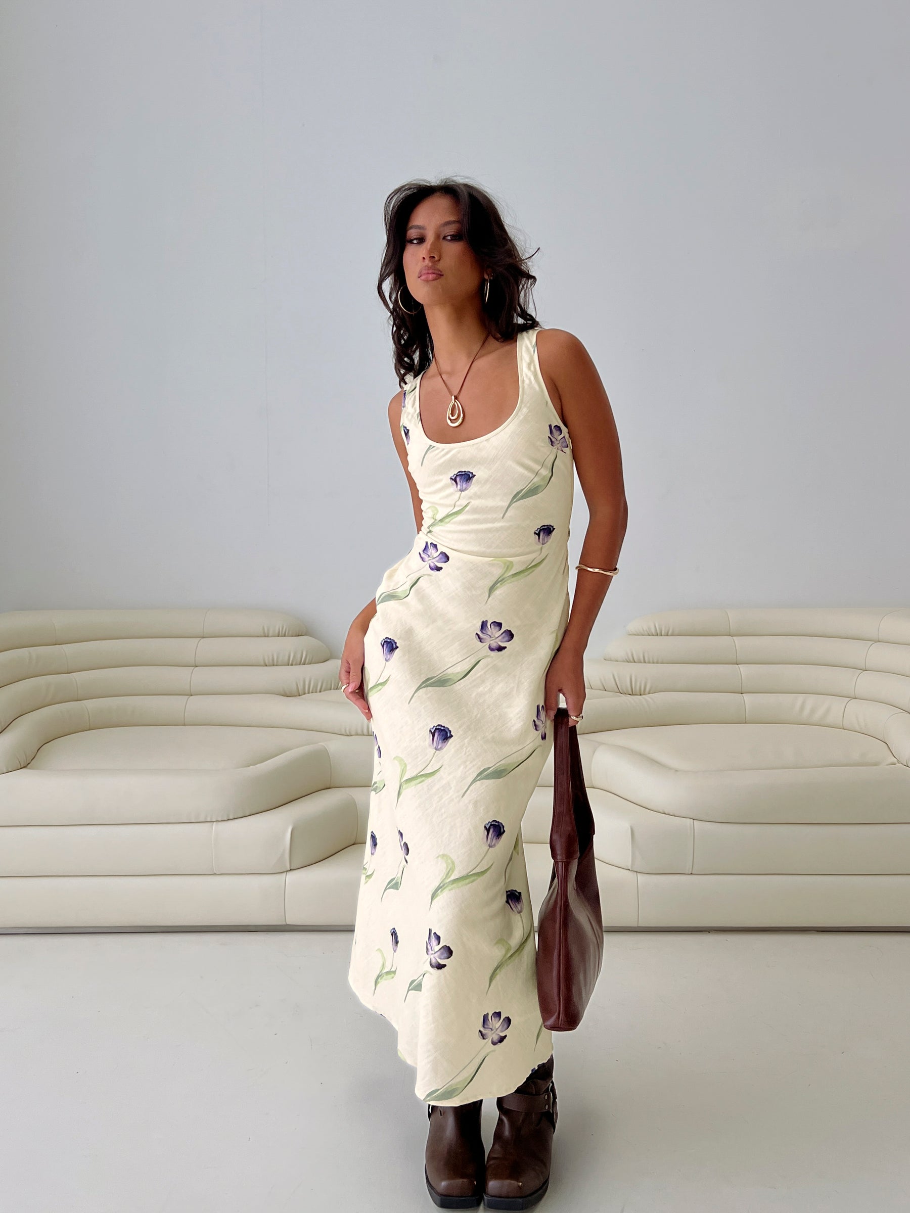 side view of model wearing Princess Polly Jessabelle Linen Blend Midi Dress Cream Floral Scoop Neck 