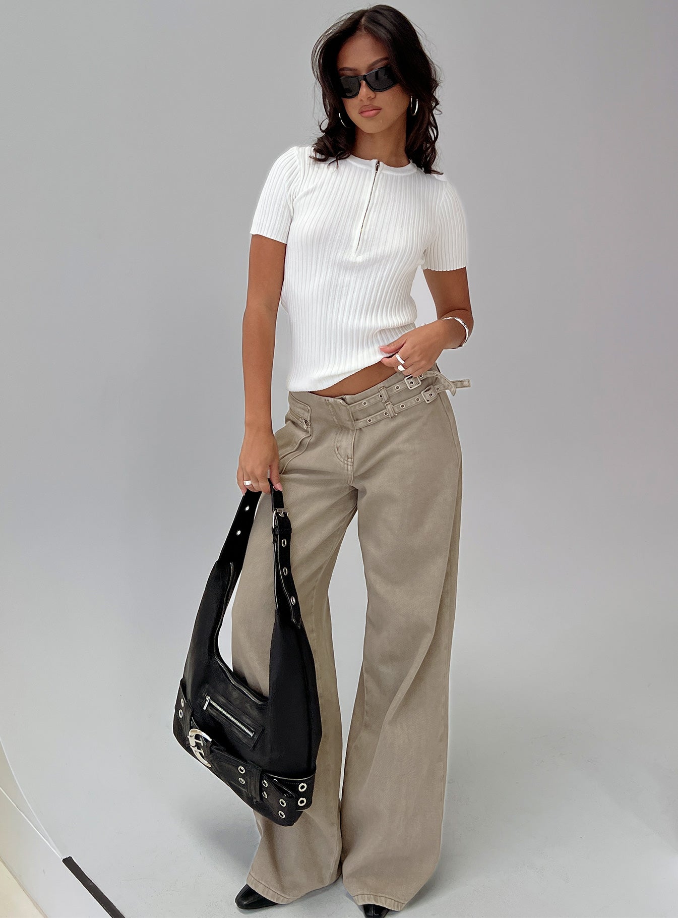 front view of model wearing Princess Polly Hold The Line Zip Through Top White Short Sleeves Crew Neck 