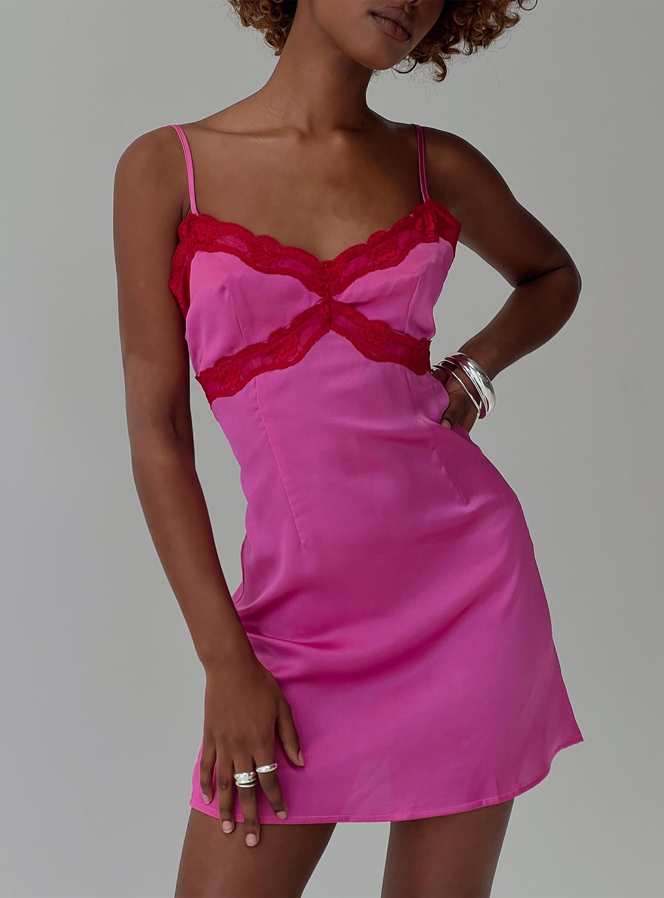 front view of model wearing Princess Polly Idyllic Mini Dress Pink V-Neck 
