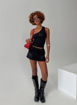 front view of model wearing Princess Polly Amethysta Denim Skort Black High Waisted Shorts 