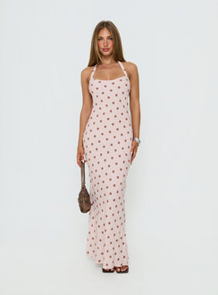 Picante Bias Cross Back Maxi Dress Pink Polka