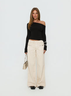 front view of model wearing Princess Polly Lifetimes Mid Rise Wide Leg Cargo Jeans Cream Mid Rise Jeans Jeans 