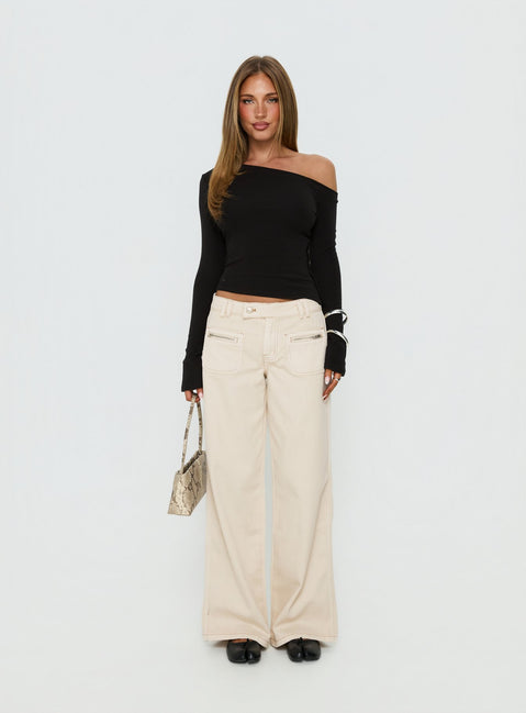 front view of model wearing Princess Polly Lifetimes Mid Rise Wide Leg Cargo Jeans Cream Mid Rise Jeans Jeans 