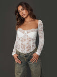 side view of model wearing Princess Polly Cadrot Long Sleeve Lace Bodysuit White Full Sleeves Sweetheart 