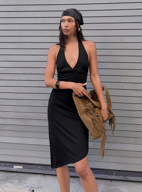 black asymmetrical midi dress Black Asymmetrical Off-Shoulder Midi Dress