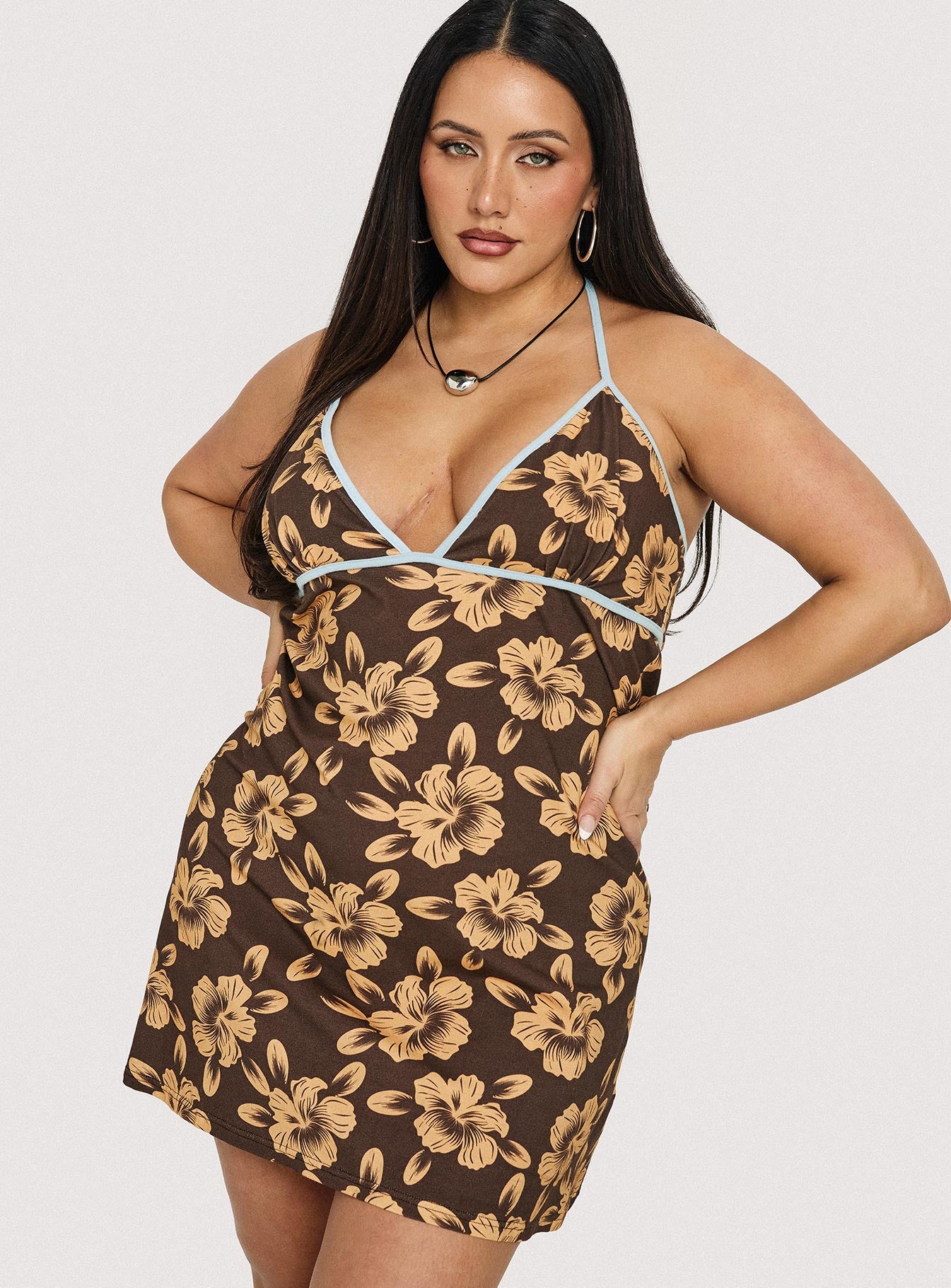 Mishie Halter Mini Dress Brown / Blue Floral Curve | Princess Polly Mishie Halter Mini Dress Brown / Blue Floral Curve | Princess Polly
