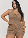 front view of model wearing Princess Polly Eternal Youth Faux Suede Short Taupe Curve High Waisted Shorts 