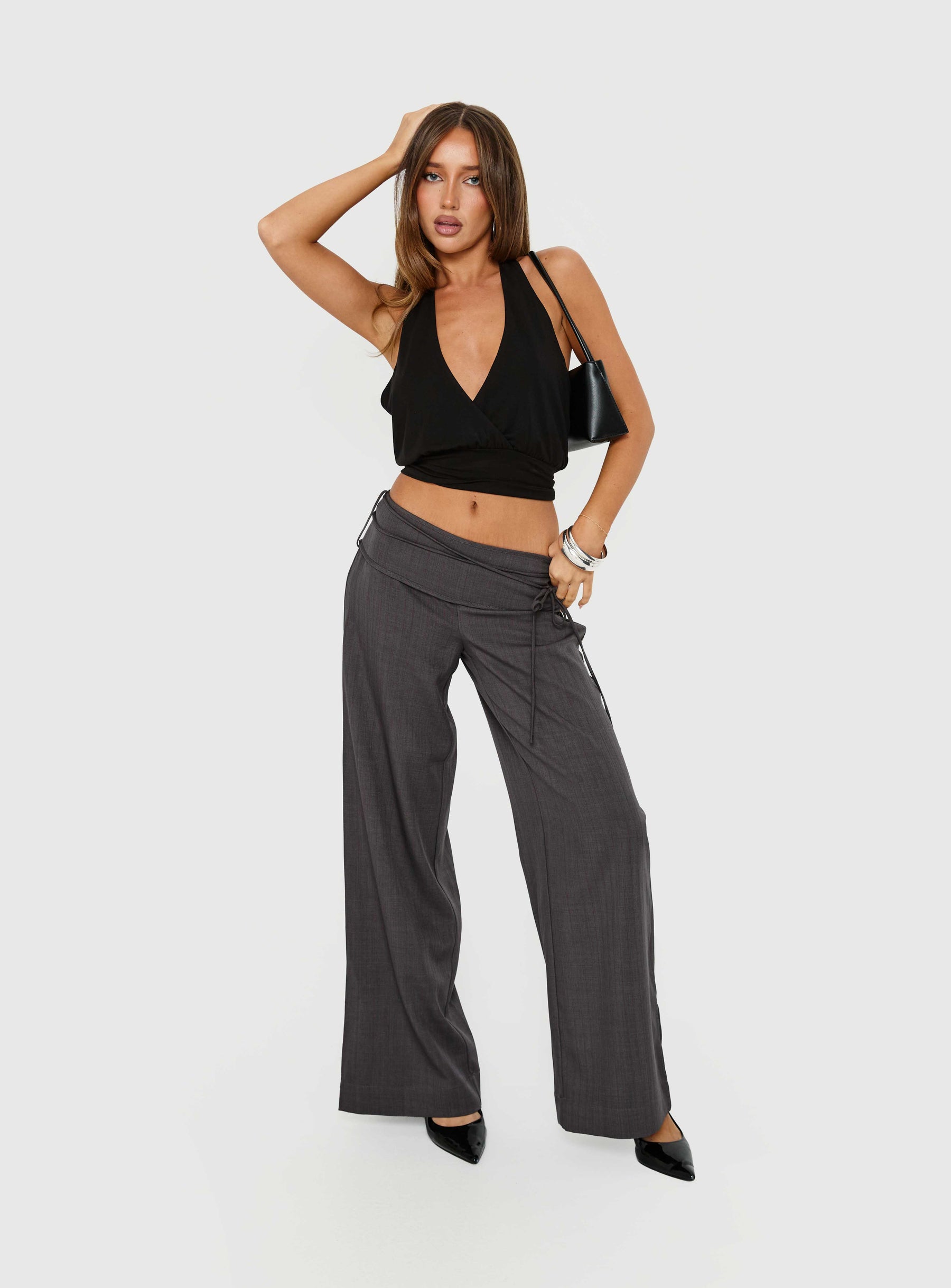 front view of model wearing Princess Polly Silver Moon Tie Pants Charcoal Mid Rise Pants 