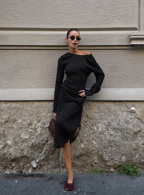 black polka dot dress long Black Round Neck Ruffle Long Sleeve Polka Dots Maxi Dress